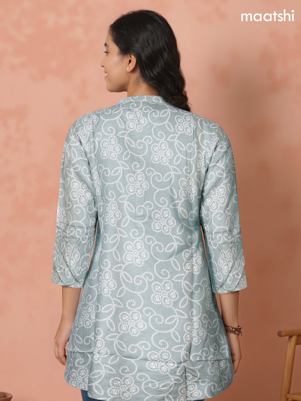 Soft cotton readymade short kurti pastel shade with allover bandhani prints & collar neck pattern and without pant