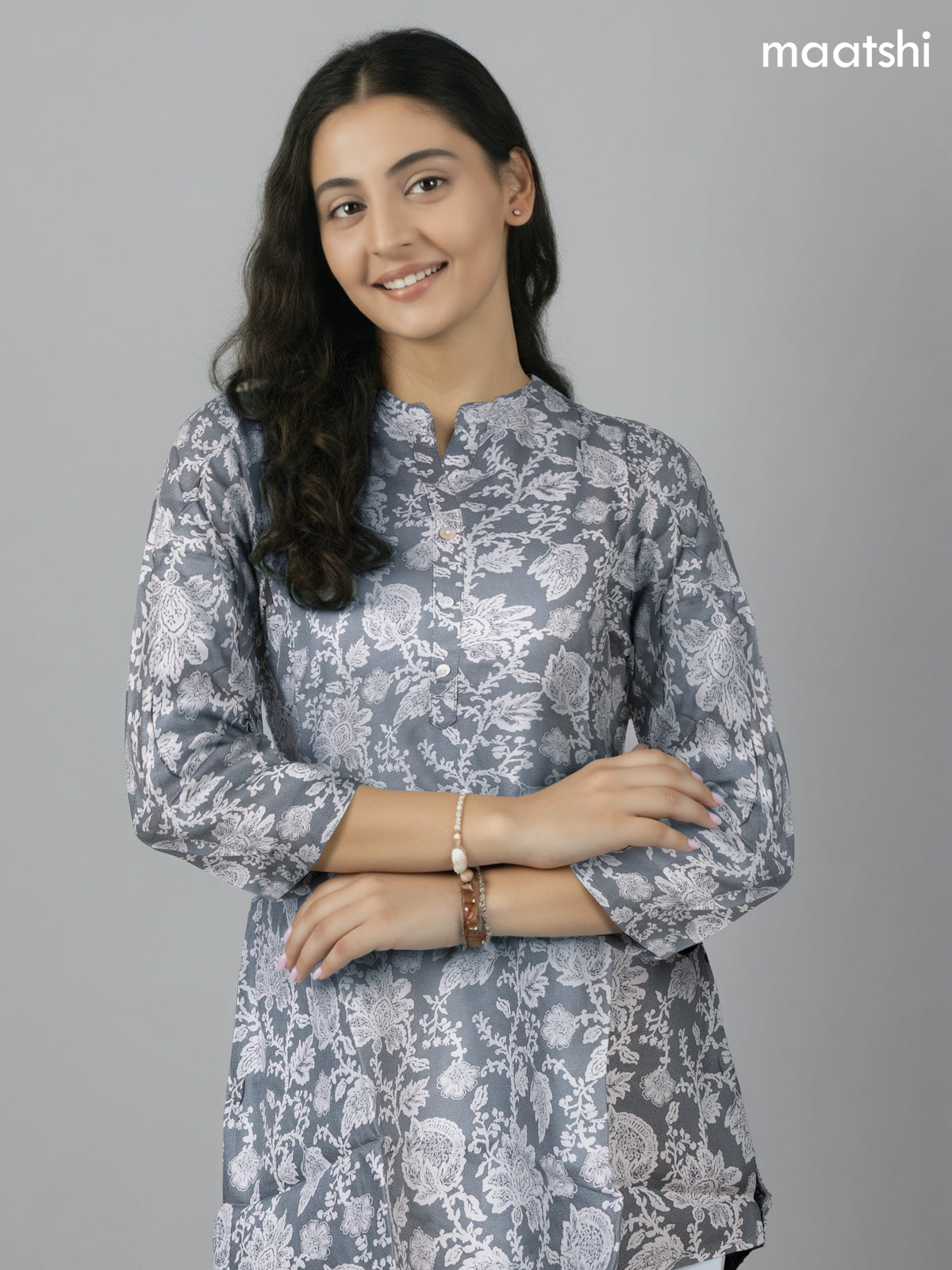 Soft cotton readymade short kurti grey with allover prints & collar neck pattern and without pant