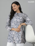 Soft cotton readymade short kurti grey with allover prints & collar neck pattern and without pant