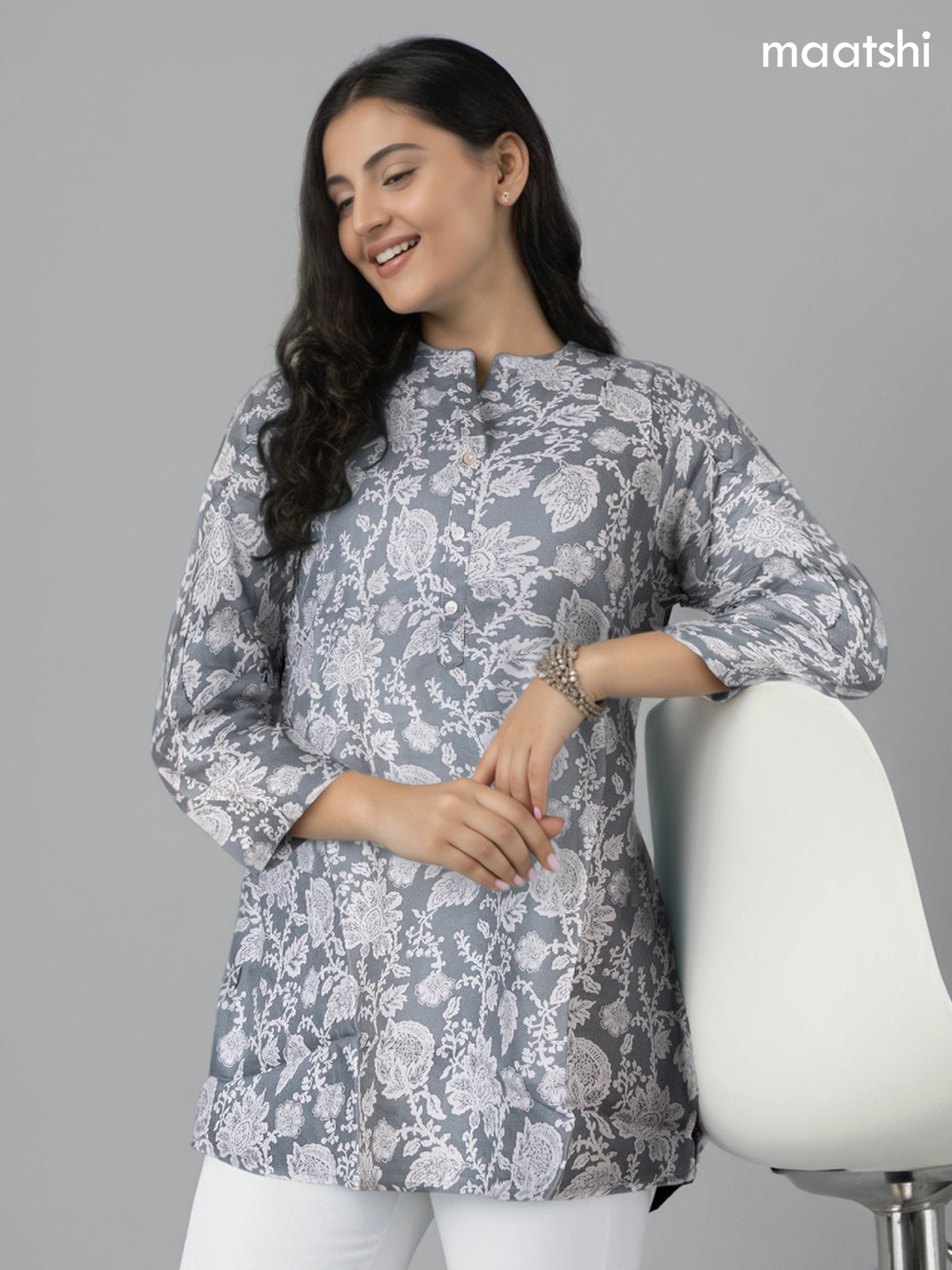 Soft cotton readymade short kurti grey with allover prints & collar neck pattern and without pant