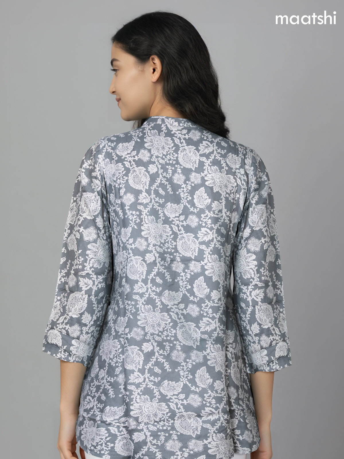 Soft cotton readymade short kurti grey with allover prints & collar neck pattern and without pant