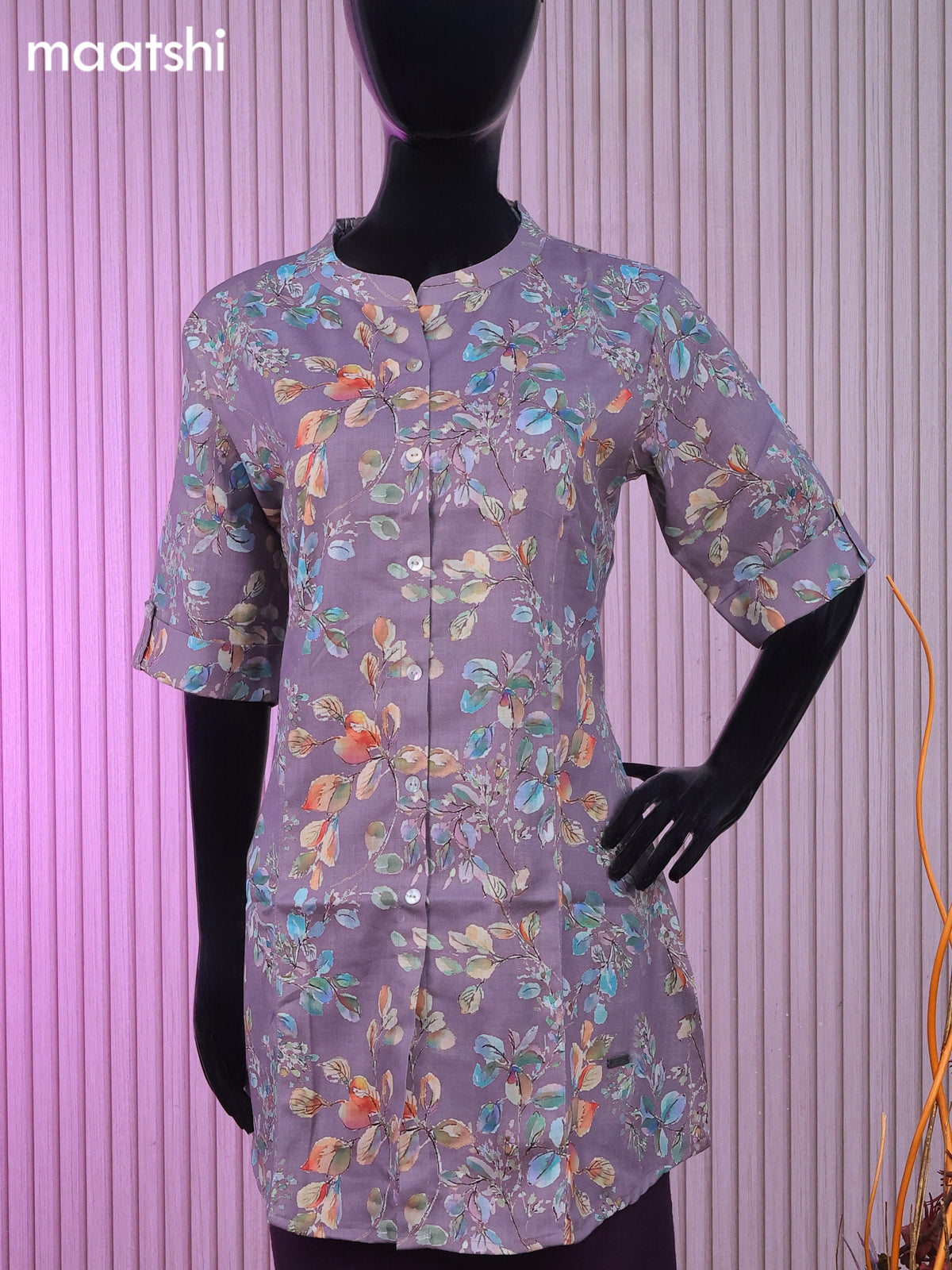 Rayon readymade short kurti pastel purple with allover prints & collar neck pattern and without pant