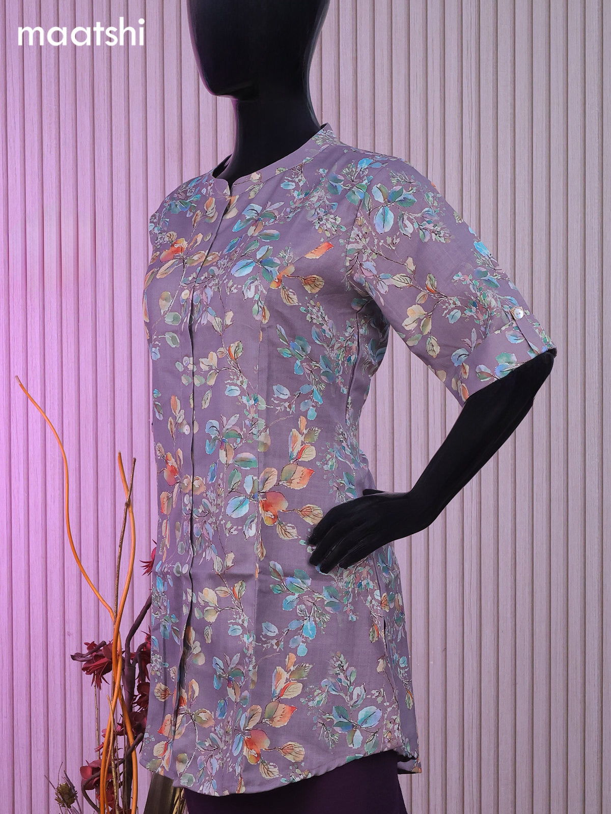Rayon readymade short kurti pastel purple with allover prints & collar neck pattern and without pant
