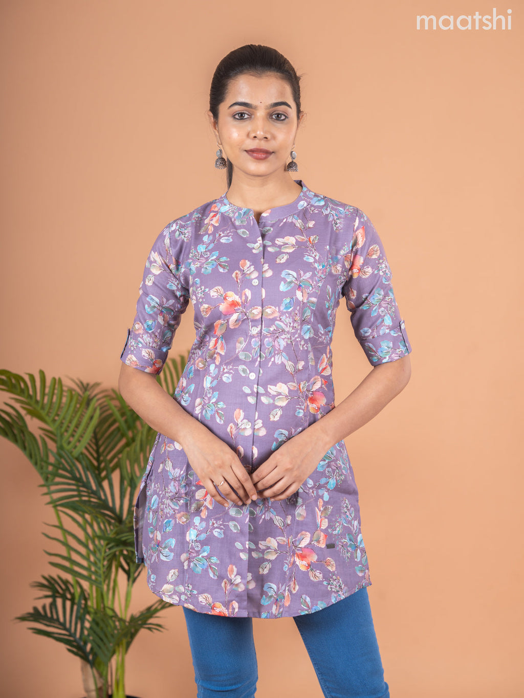 Rayon readymade short kurti pastel purple with allover prints & collar neck pattern and without pant
