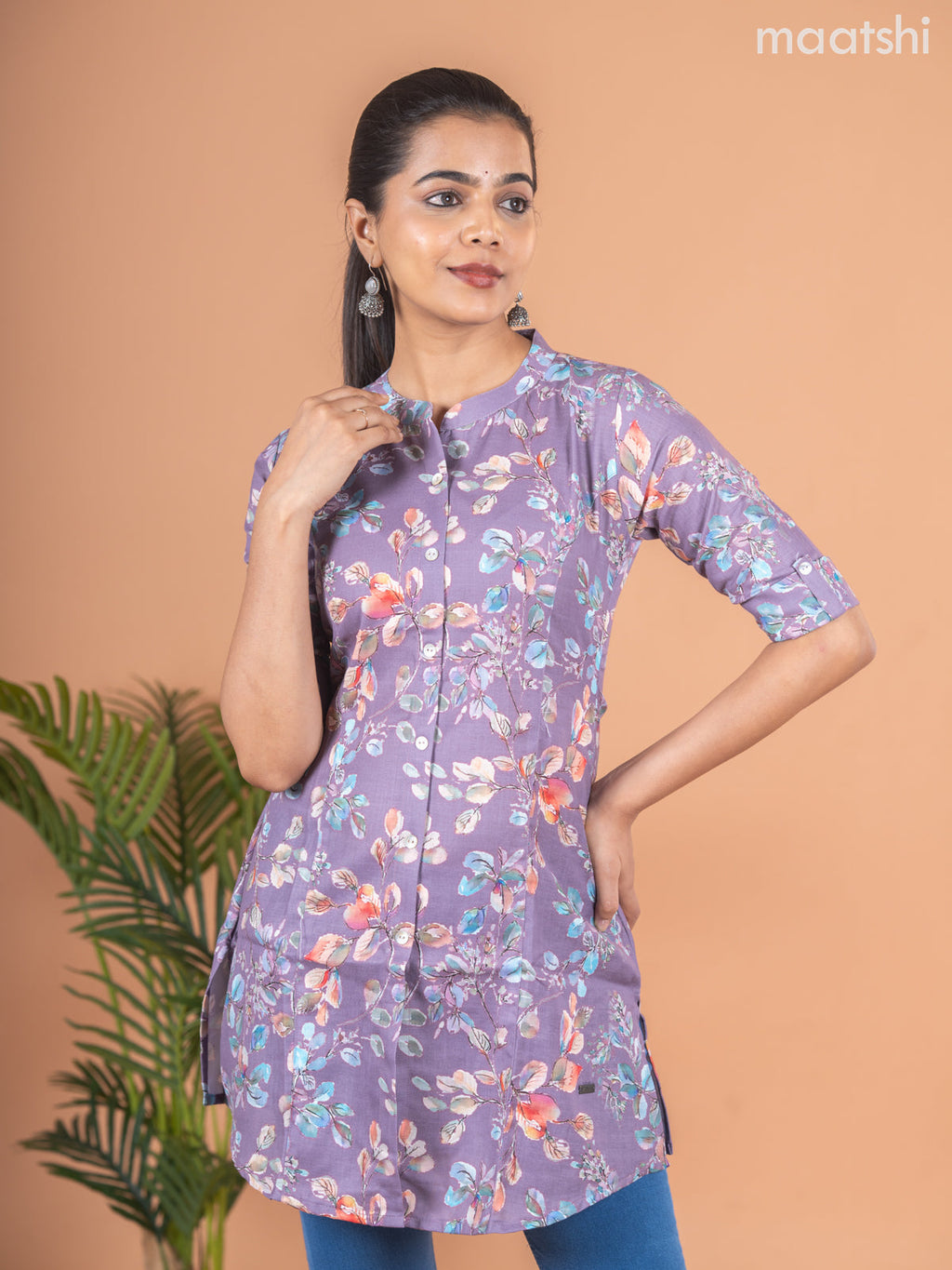 Rayon readymade short kurti pastel purple with allover prints & collar neck pattern and without pant