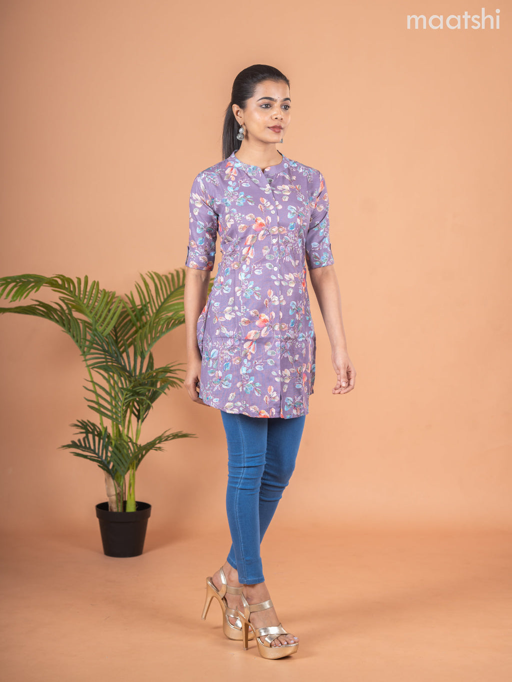 Rayon readymade short kurti pastel purple with allover prints & collar neck pattern and without pant