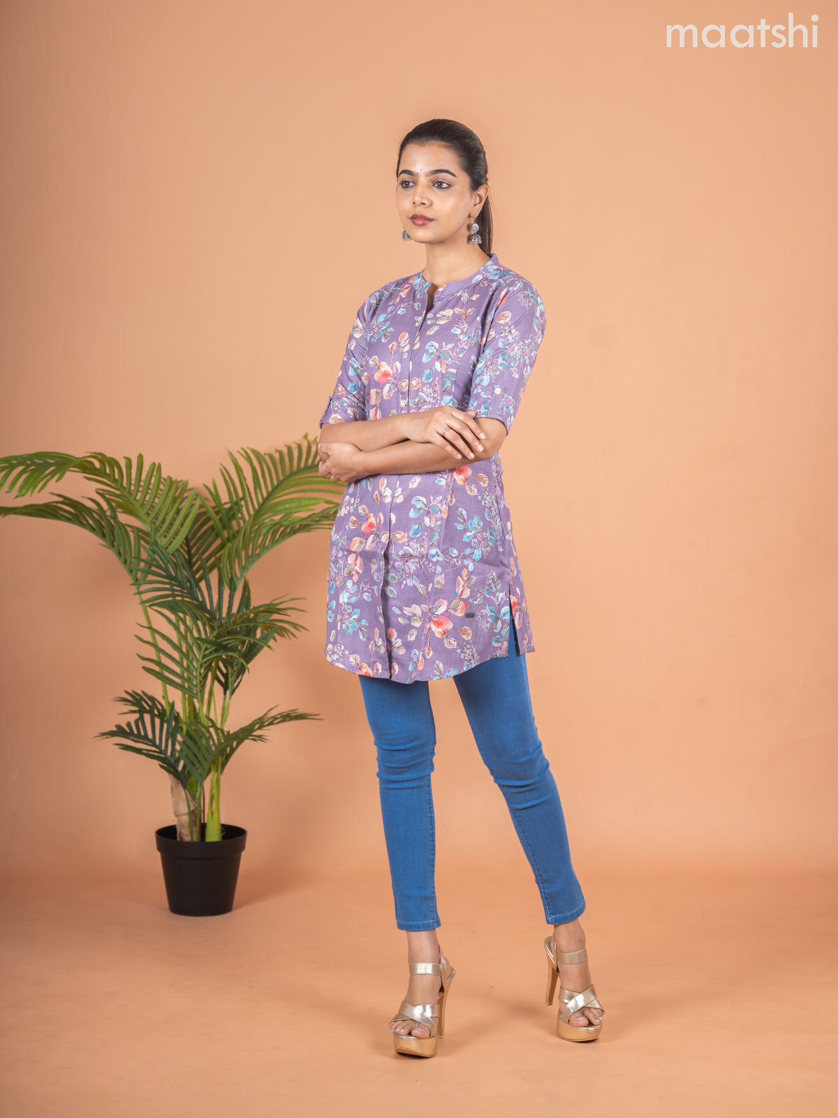Rayon readymade short kurti pastel purple with allover prints & collar neck pattern and without pant