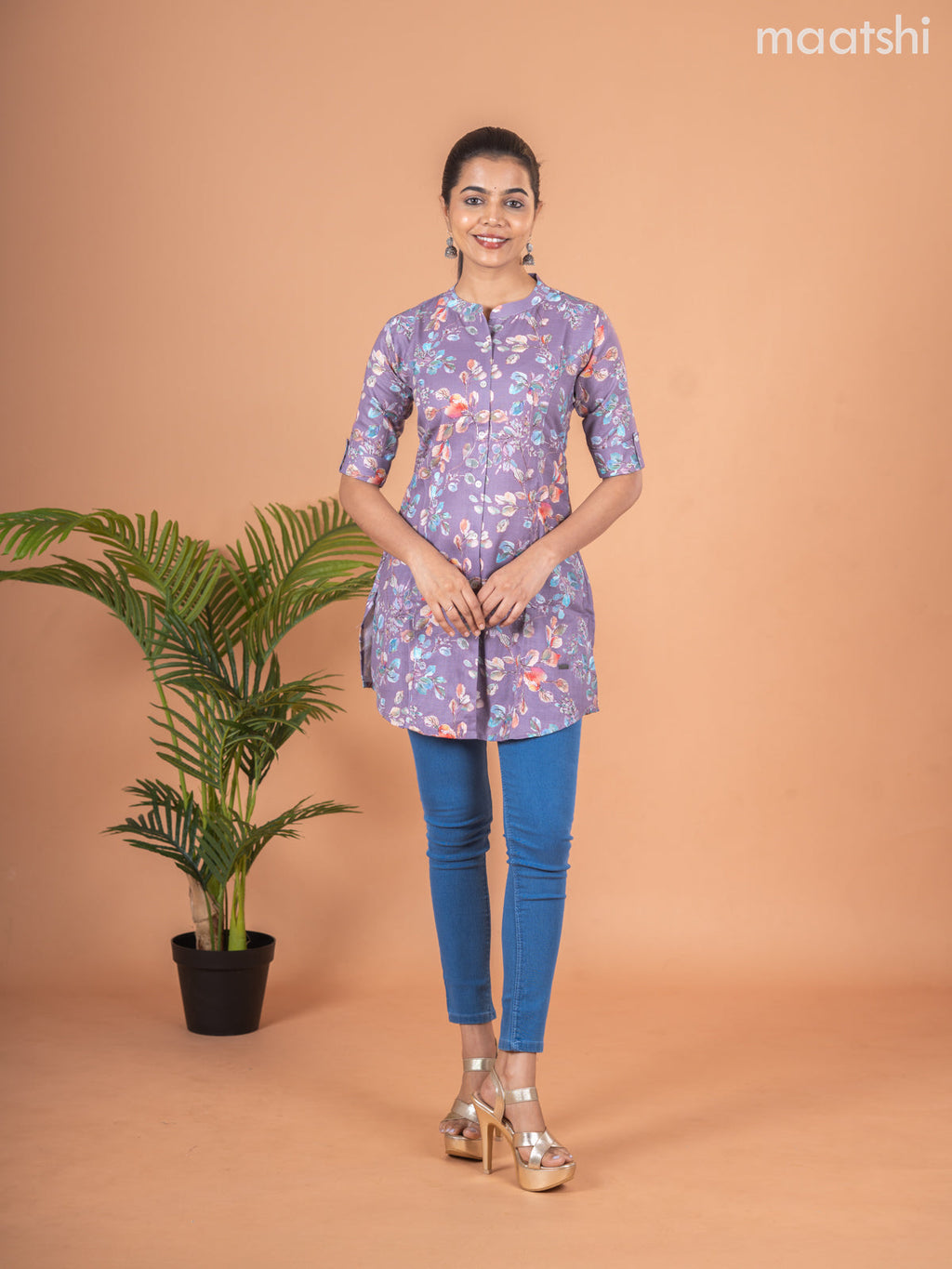 Rayon readymade short kurti pastel purple with allover prints & collar neck pattern and without pant