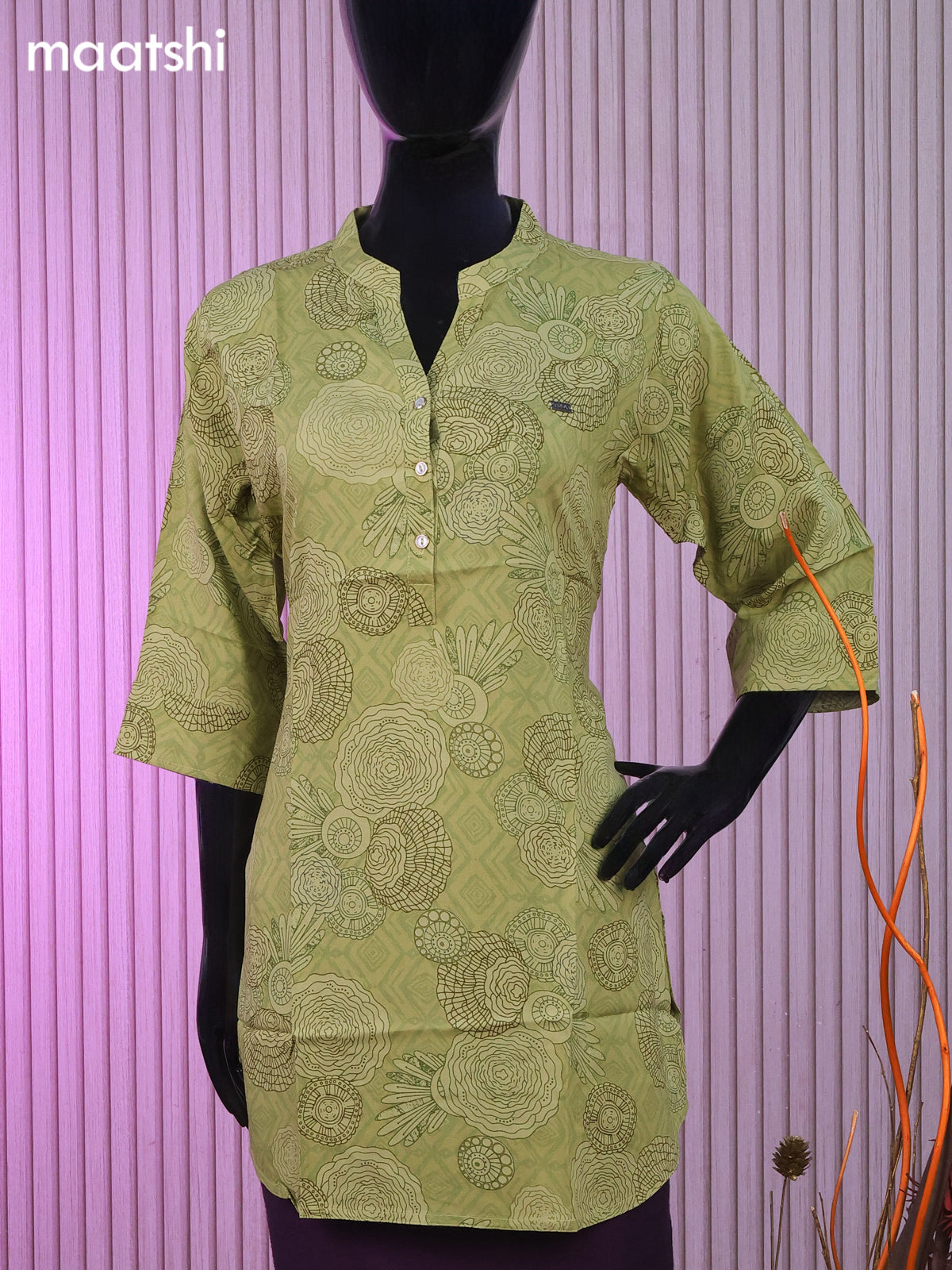 Soft cotton readymade short kurti pastel green with allover prints & collar neck pattern and without pant