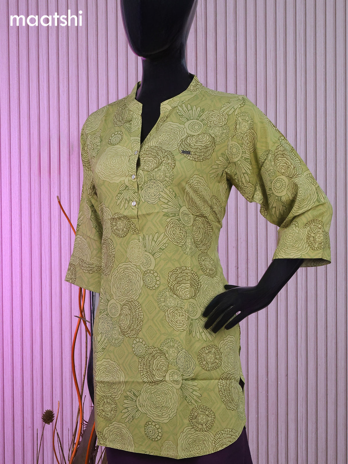 Soft cotton readymade short kurti pastel green with allover prints & collar neck pattern and without pant