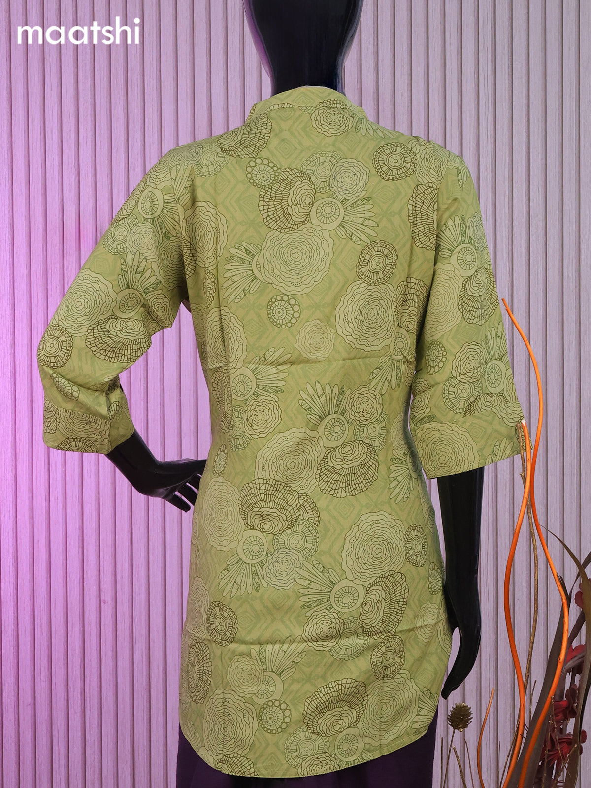 Soft cotton readymade short kurti pastel green with allover prints & collar neck pattern and without pant