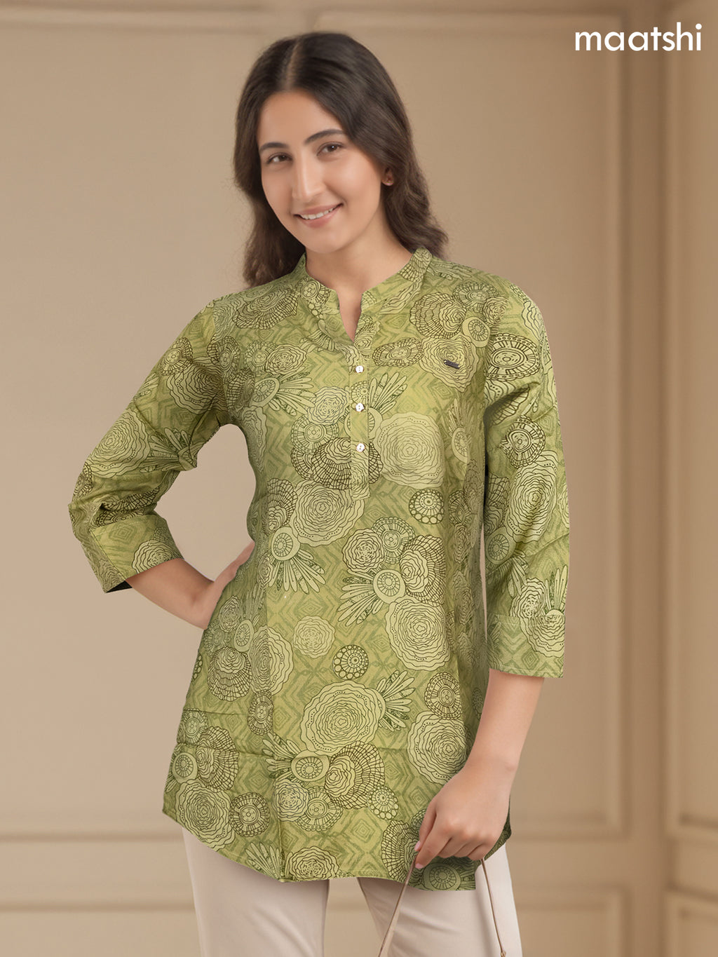 Soft cotton readymade short kurti pastel green with allover prints & collar neck pattern and without pant