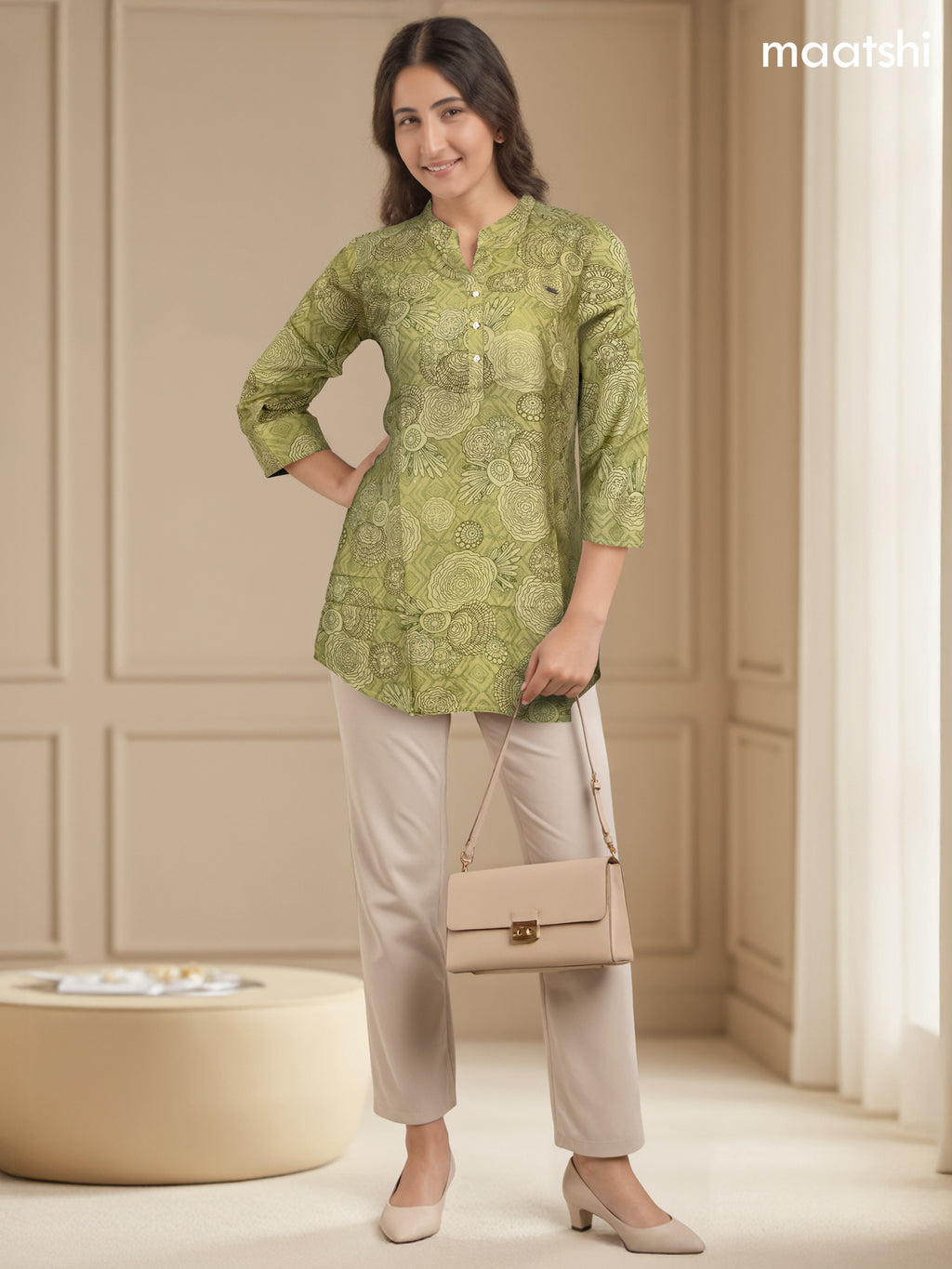 Soft cotton readymade short kurti pastel green with allover prints & collar neck pattern and without pant