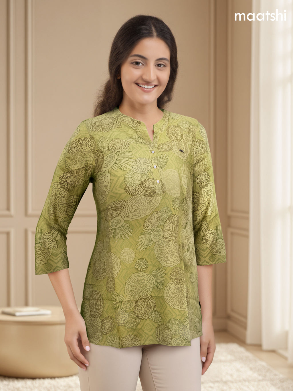 Soft cotton readymade short kurti pastel green with allover prints & collar neck pattern and without pant