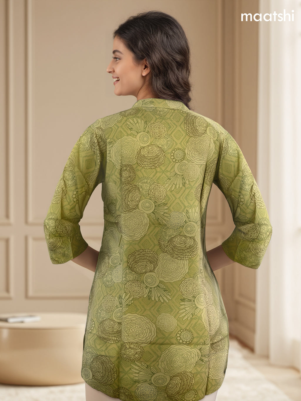 Soft cotton readymade short kurti pastel green with allover prints & collar neck pattern and without pant