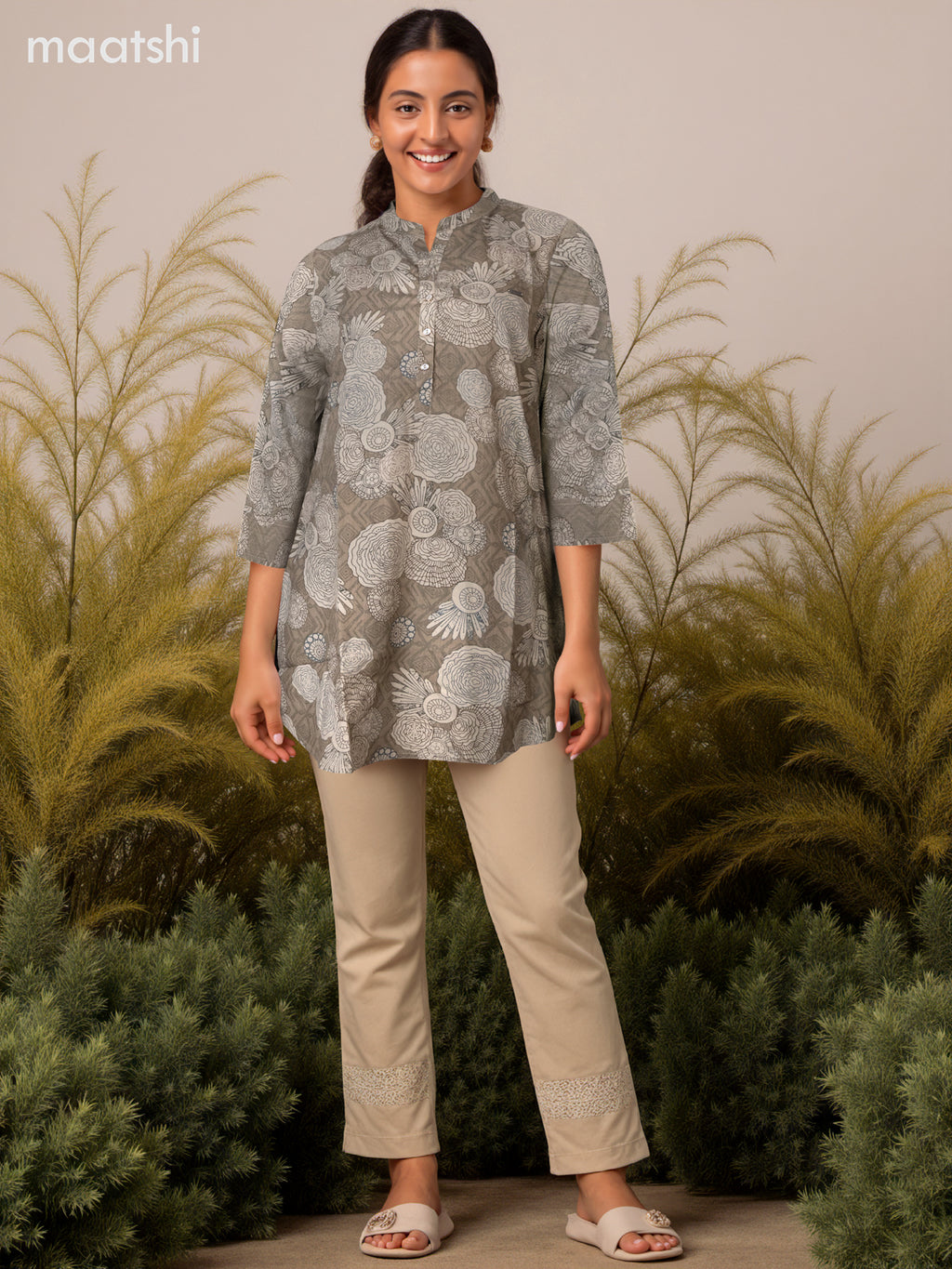 Soft cotton readymade short kurti grey shade with allover prints & collar neck pattern and without pant