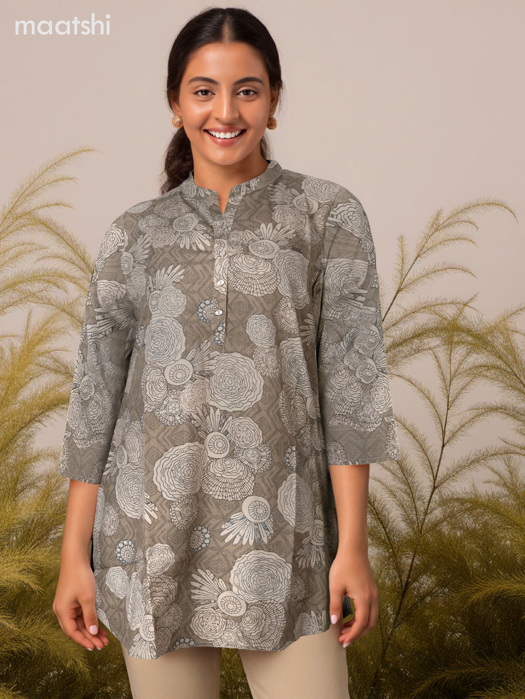 Soft cotton readymade short kurti grey shade with allover prints & collar neck pattern and without pant