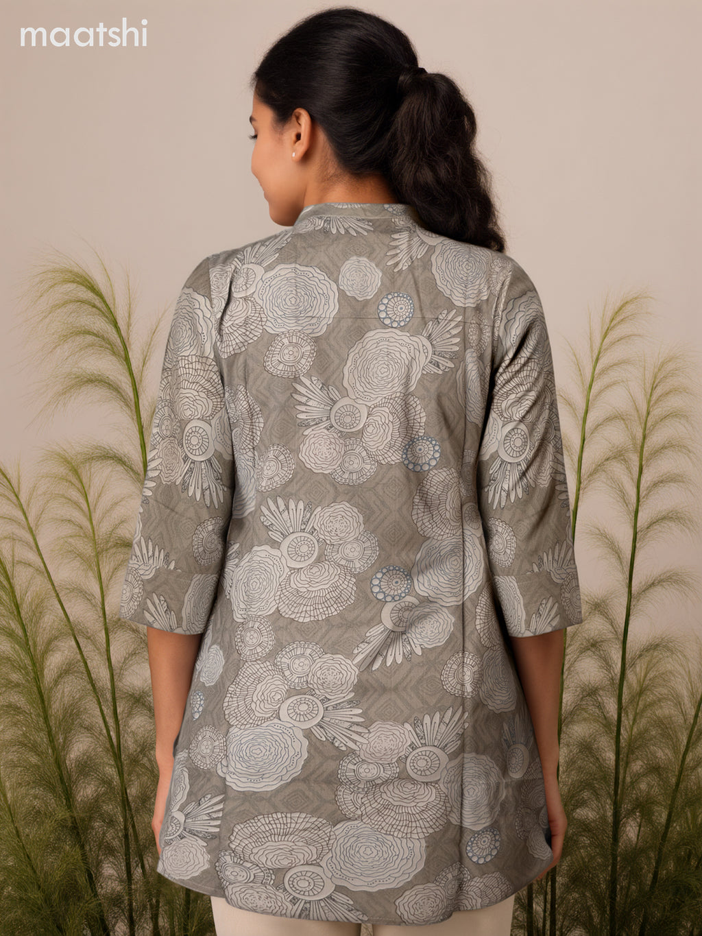 Soft cotton readymade short kurti grey shade with allover prints & collar neck pattern and without pant