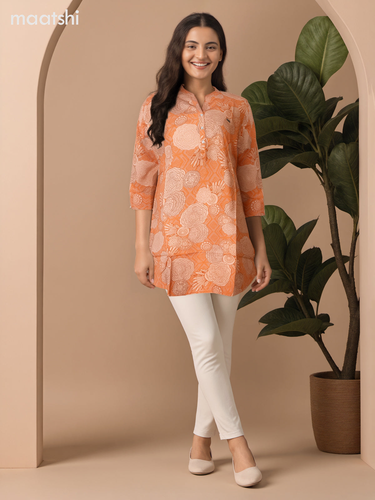 Soft cotton readymade short kurti rust shade with allover prints & collar neck pattern and without pant