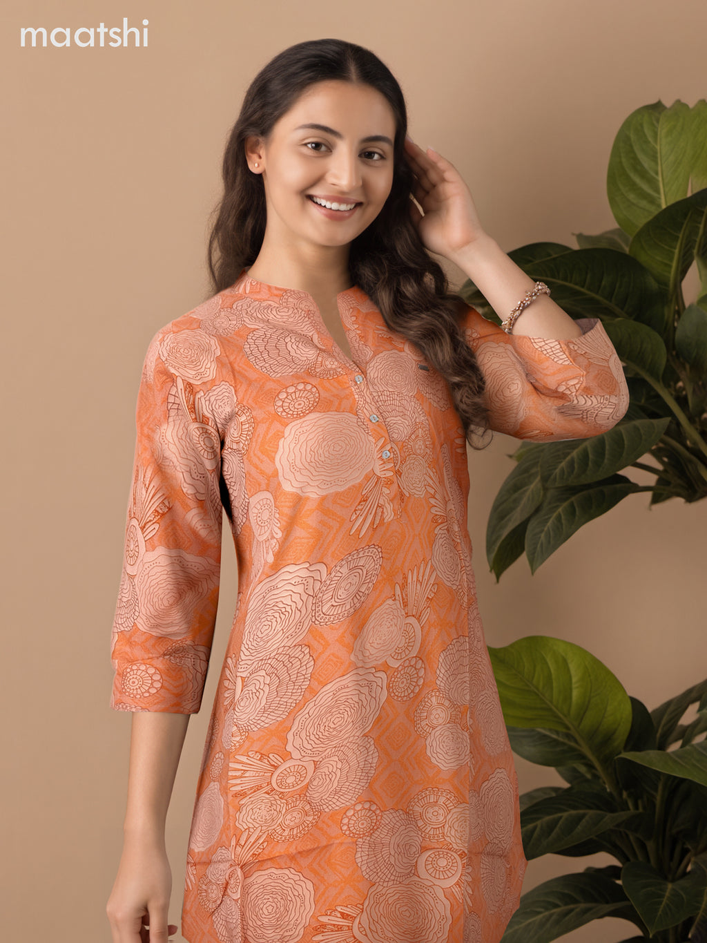 Soft cotton readymade short kurti rust shade with allover prints & collar neck pattern and without pant