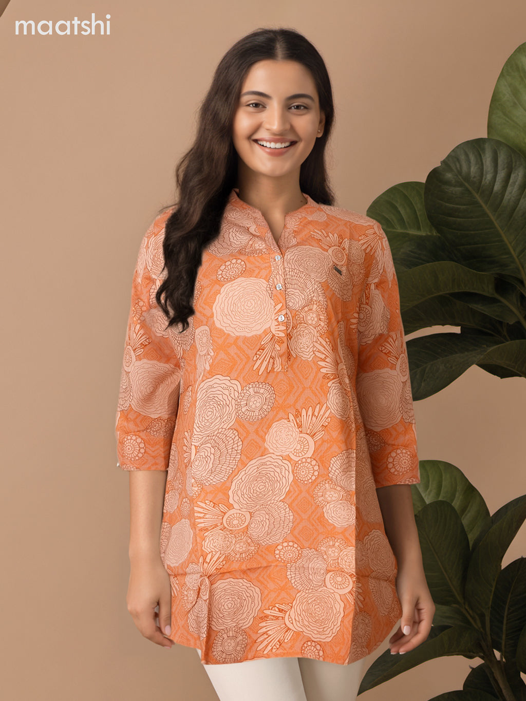 Soft cotton readymade short kurti rust shade with allover prints & collar neck pattern and without pant