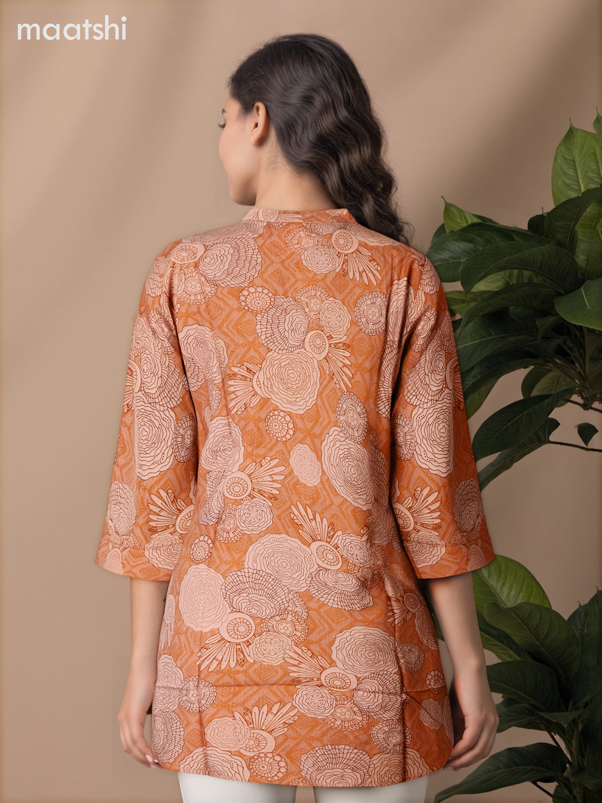 Soft cotton readymade short kurti rust shade with allover prints & collar neck pattern and without pant