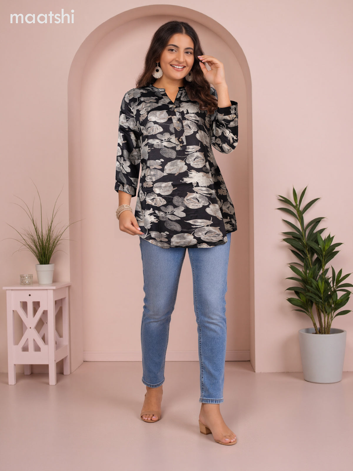 Soft cotton readymade short kurti black and beige with allover prints & collar neck pattern and without pant