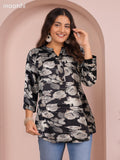 Soft cotton readymade short kurti black and beige with allover prints & collar neck pattern and without pant