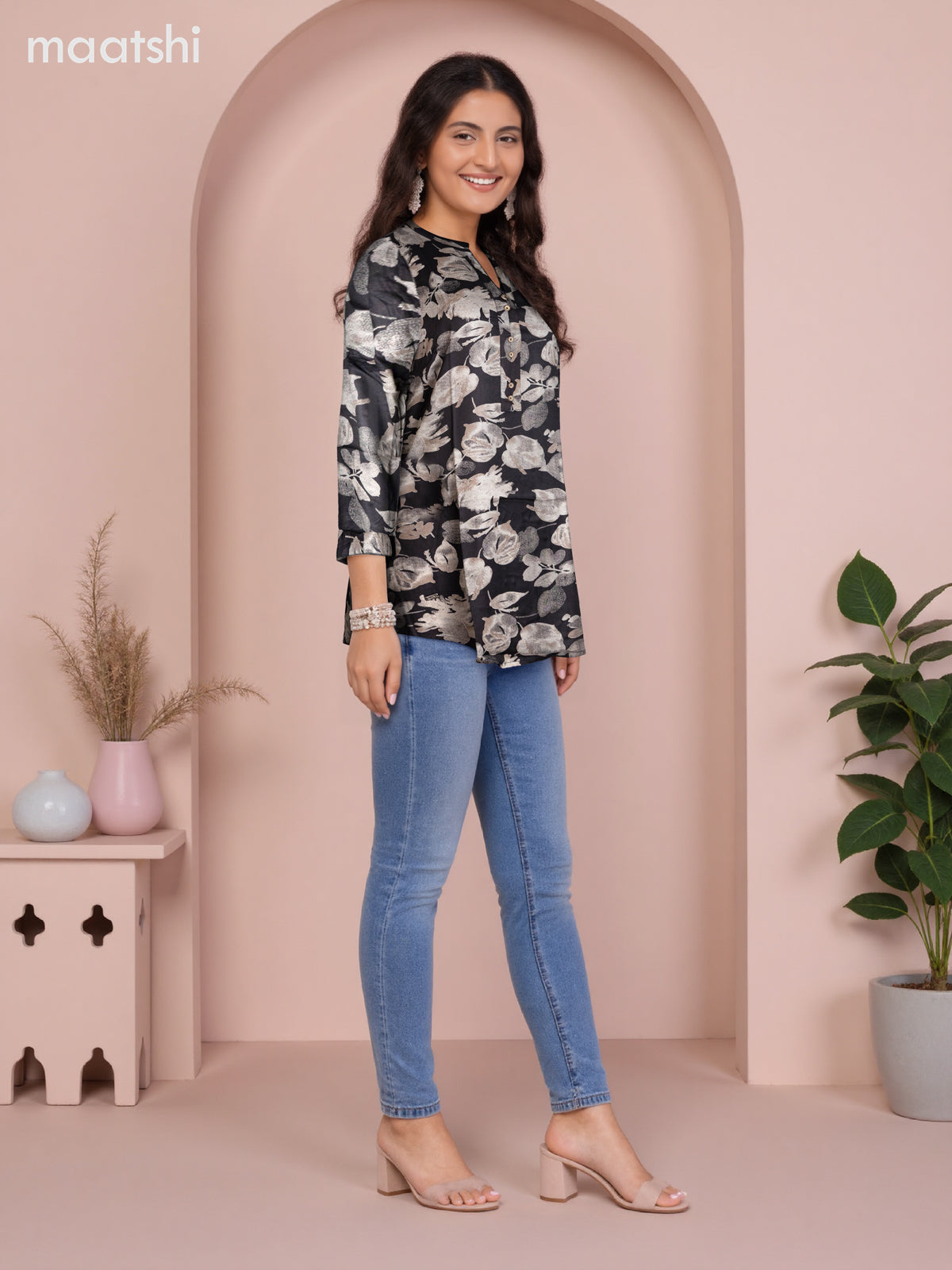 Soft cotton readymade short kurti black and beige with allover prints & collar neck pattern and without pant