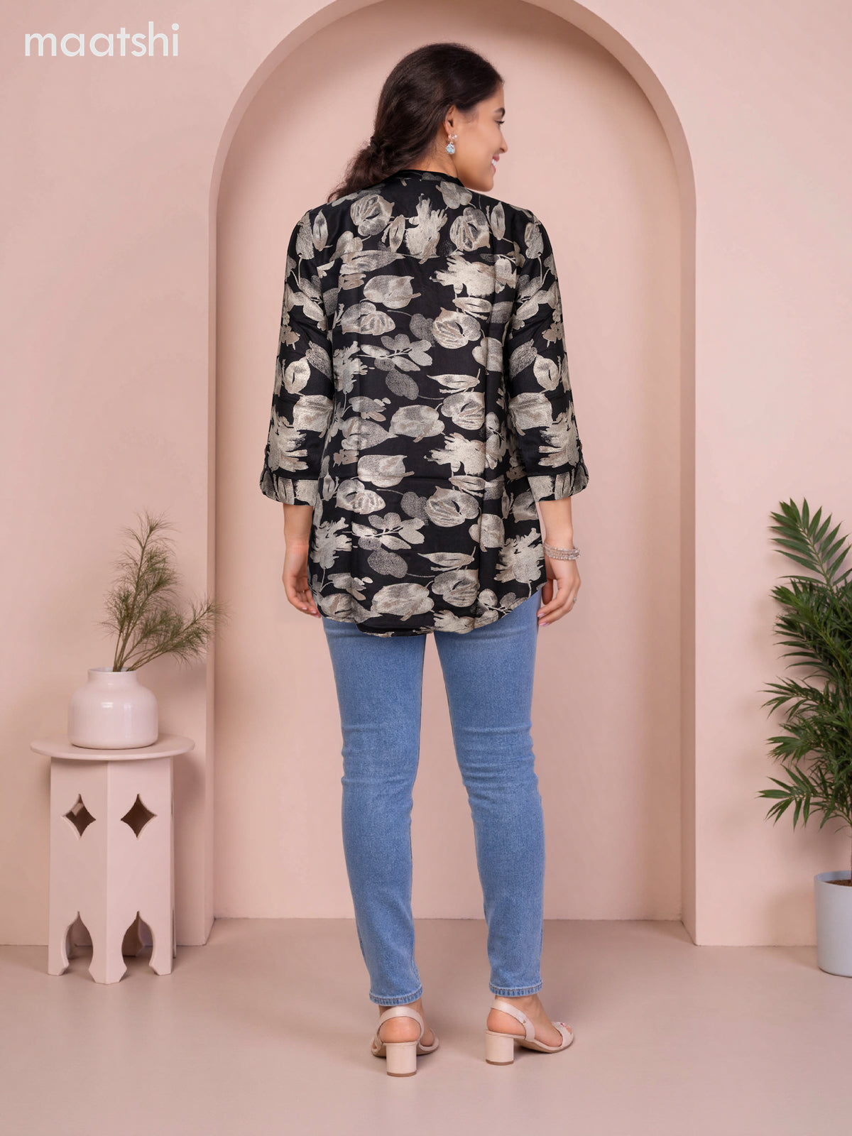 Soft cotton readymade short kurti black and beige with allover prints & collar neck pattern and without pant