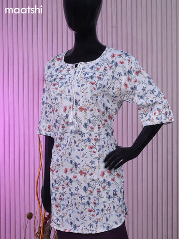 Rayon readymade short kurti off white with allover floral prints & simple neck pattern and without pant