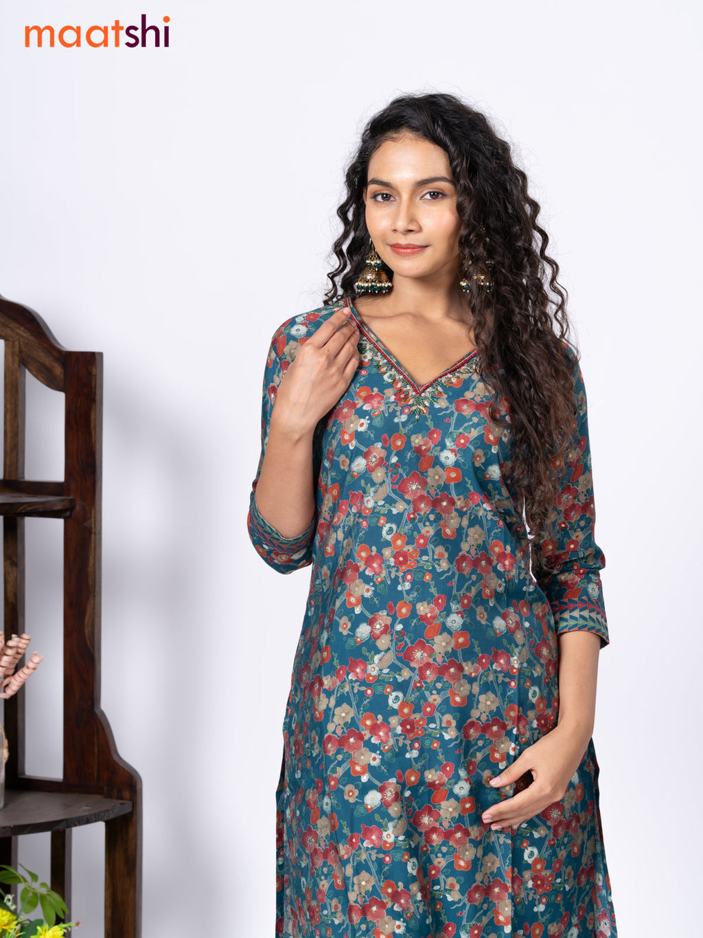 Modal readymade kurti set peacock blue with allover floral prints & beaded work v neck pattern and straight cut pant