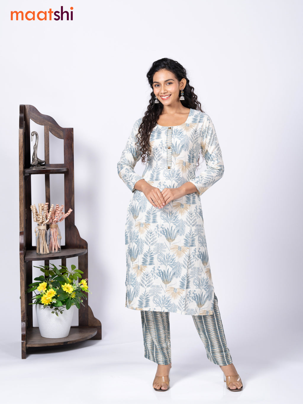 Rayon cotton readymade kurti set cream and blue shade with allover prints & simple neck pattern and straight cut pant