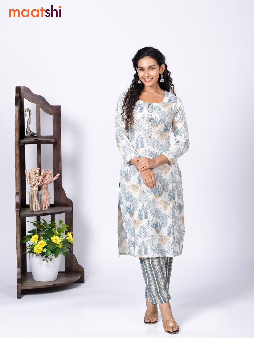Rayon cotton readymade kurti set cream and blue shade with allover prints & simple neck pattern and straight cut pant