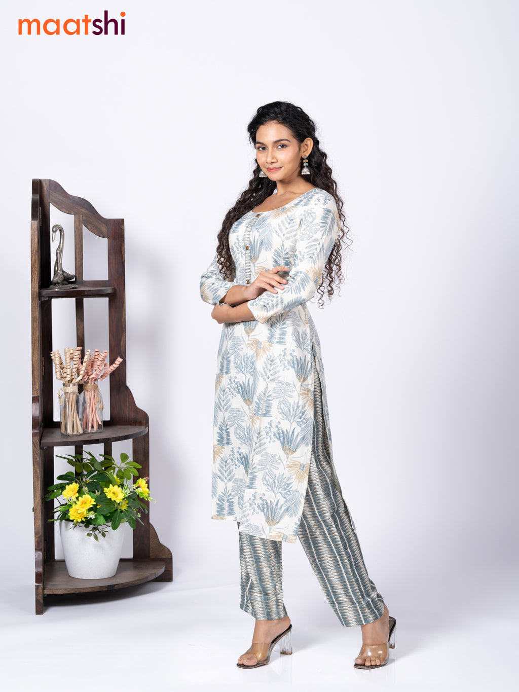 Rayon cotton readymade kurti set cream and blue shade with allover prints & simple neck pattern and straight cut pant