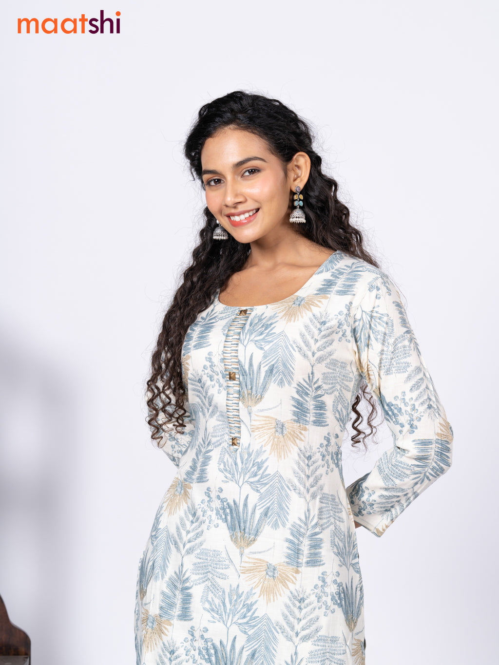 Rayon cotton readymade kurti set cream and blue shade with allover prints & simple neck pattern and straight cut pant