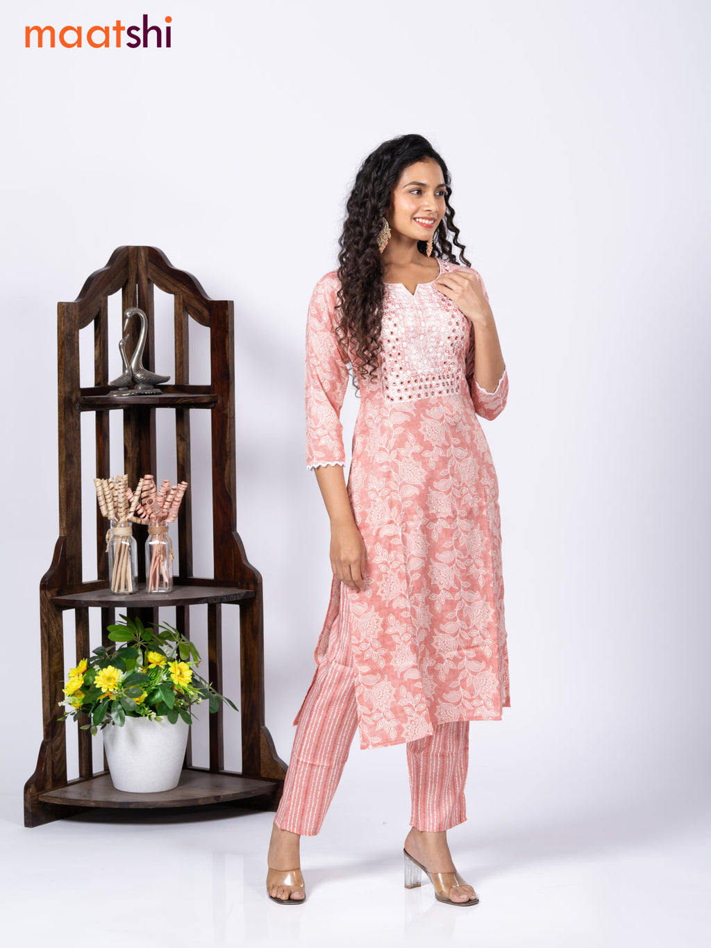 Rayon cotton readymade kurti set peach shade with allover prints & mirror embroidery work neck pattern and straight cut pant