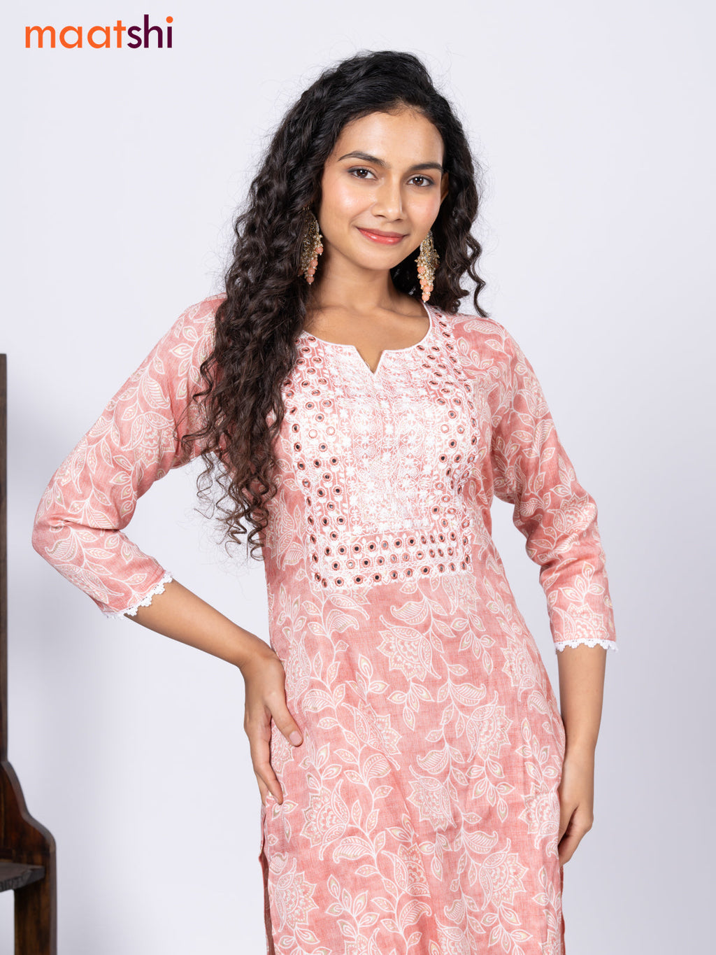 Rayon cotton readymade kurti set peach shade with allover prints & mirror embroidery work neck pattern and straight cut pant