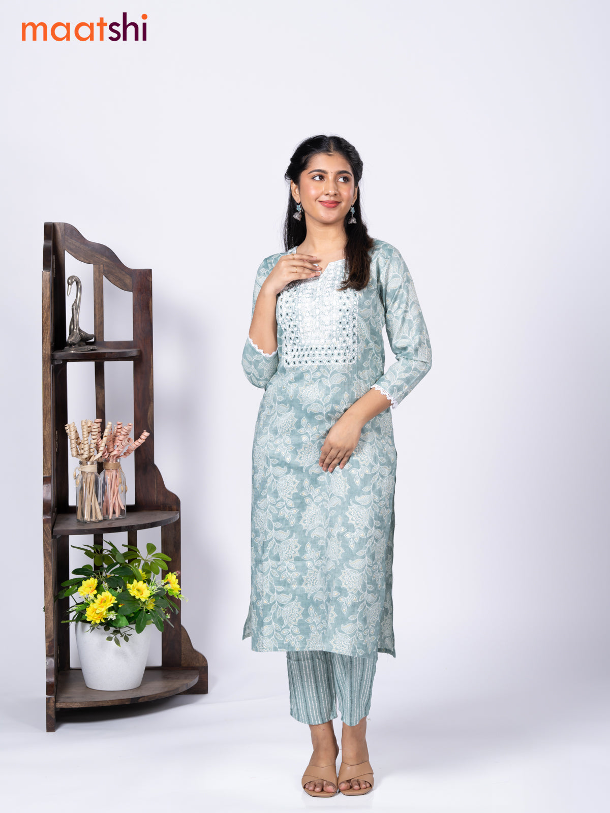 Rayon cotton readymade kurti set pastel green with allover prints & mirror embroidery work neck pattern and straight cut pant