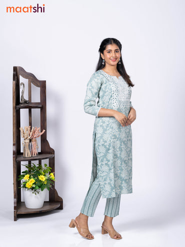 Rayon cotton readymade kurti set pastel green with allover prints & mirror embroidery work neck pattern and straight cut pant