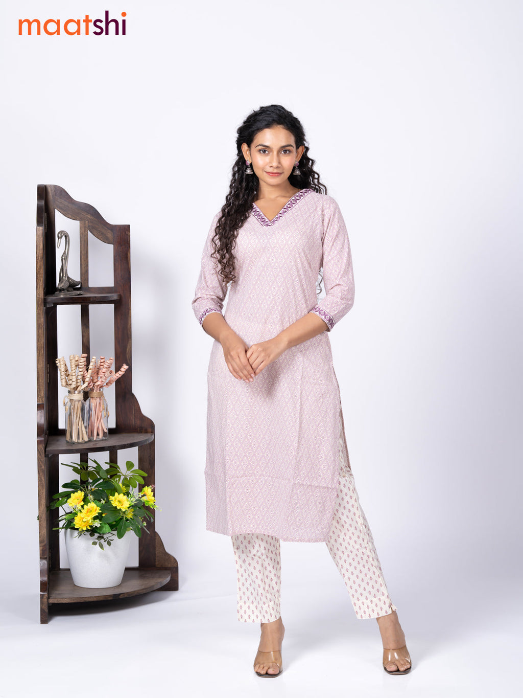Cotton readymade kurti set cream and mild purple with allover geometric prints & embroidery work v neck pattern and straight cut pant