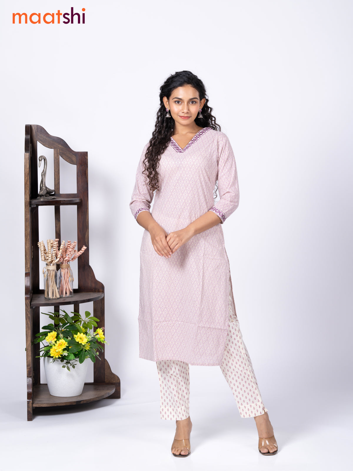 Cotton readymade kurti set cream and mild purple with allover geometric prints & embroidery work v neck pattern and straight cut pant