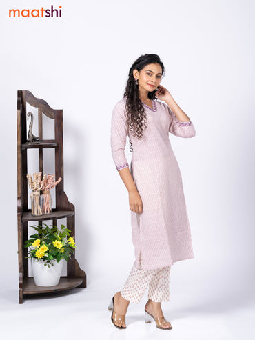 Cotton readymade kurti set cream and mild purple with allover geometric prints & embroidery work v neck pattern and straight cut pant