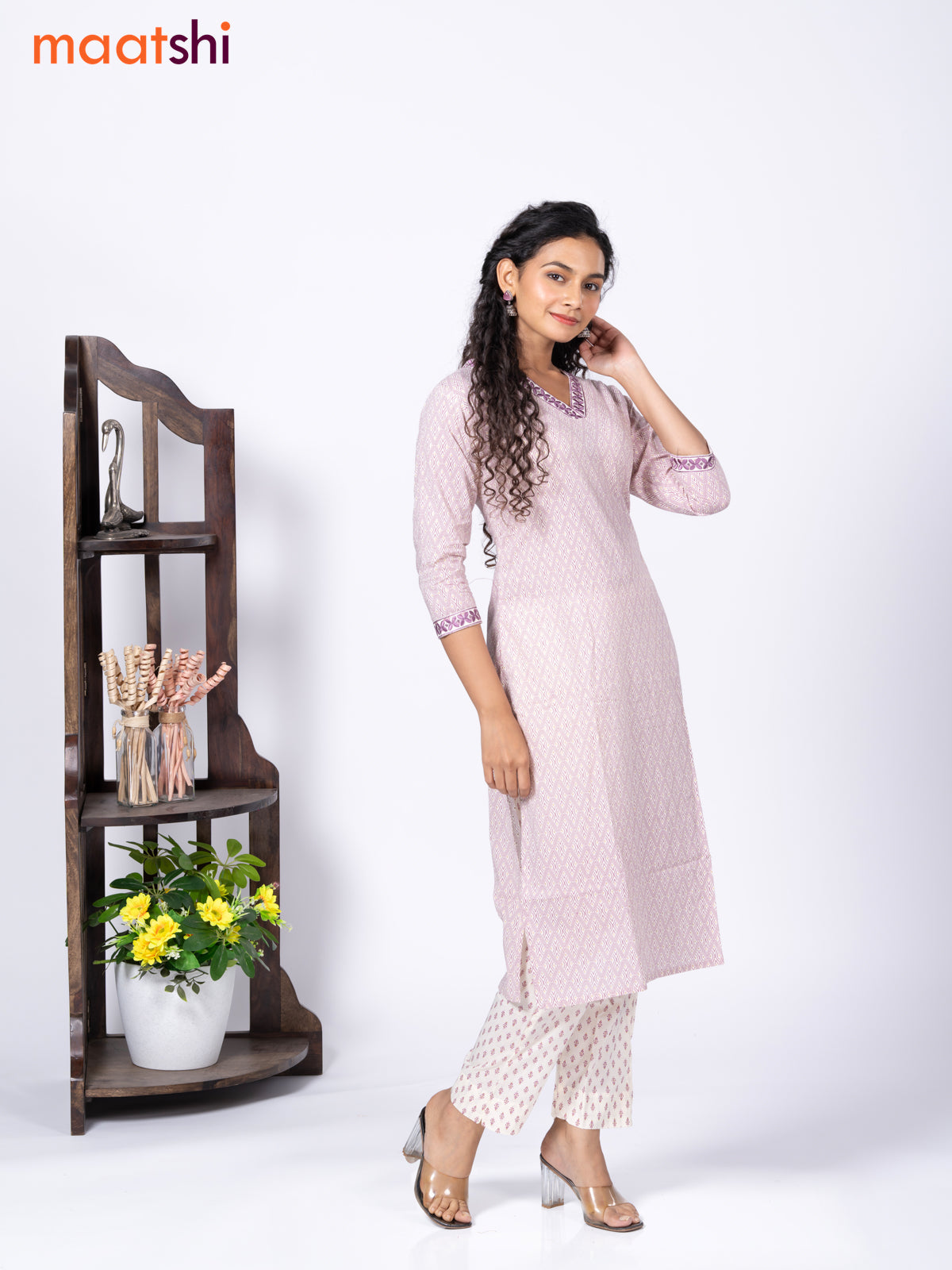 Cotton readymade kurti set cream and mild purple with allover geometric prints & embroidery work v neck pattern and straight cut pant