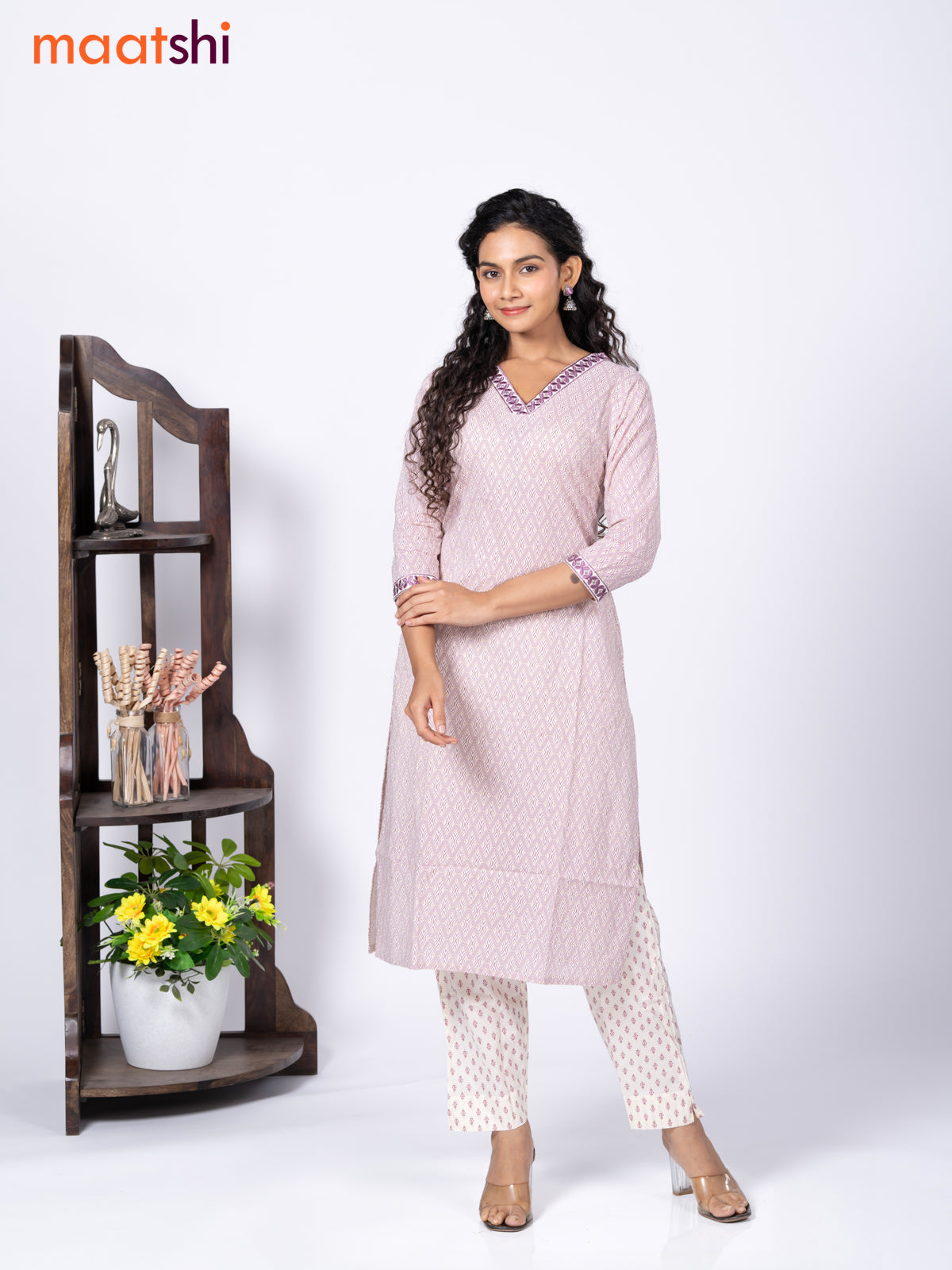 Cotton readymade kurti set cream and mild purple with allover geometric prints & embroidery work v neck pattern and straight cut pant