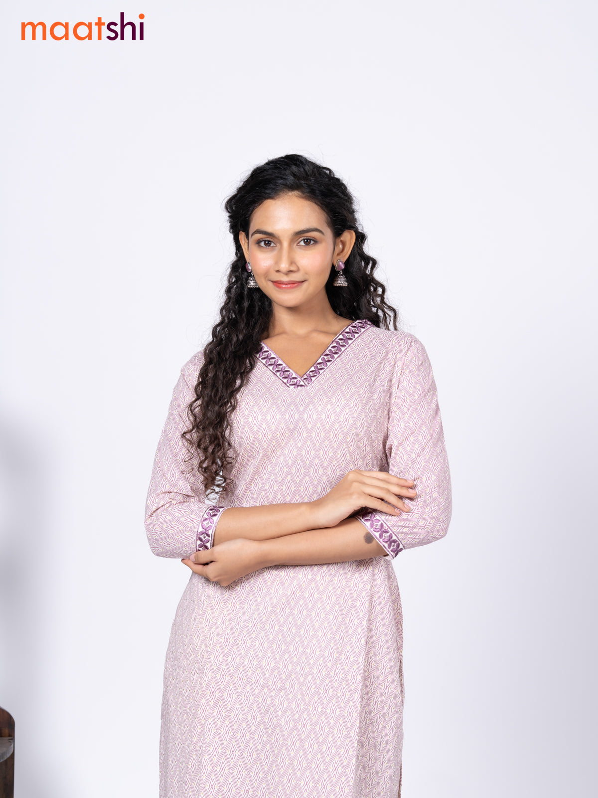 Cotton readymade kurti set cream and mild purple with allover geometric prints & embroidery work v neck pattern and straight cut pant