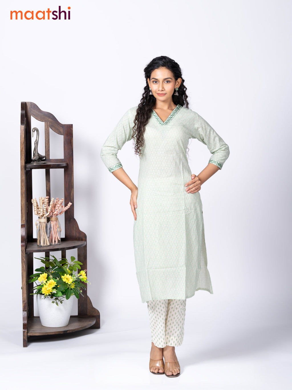 Cotton readymade kurti set cream and green with allover geometric prints & embroidery work v neck pattern and straight cut pant