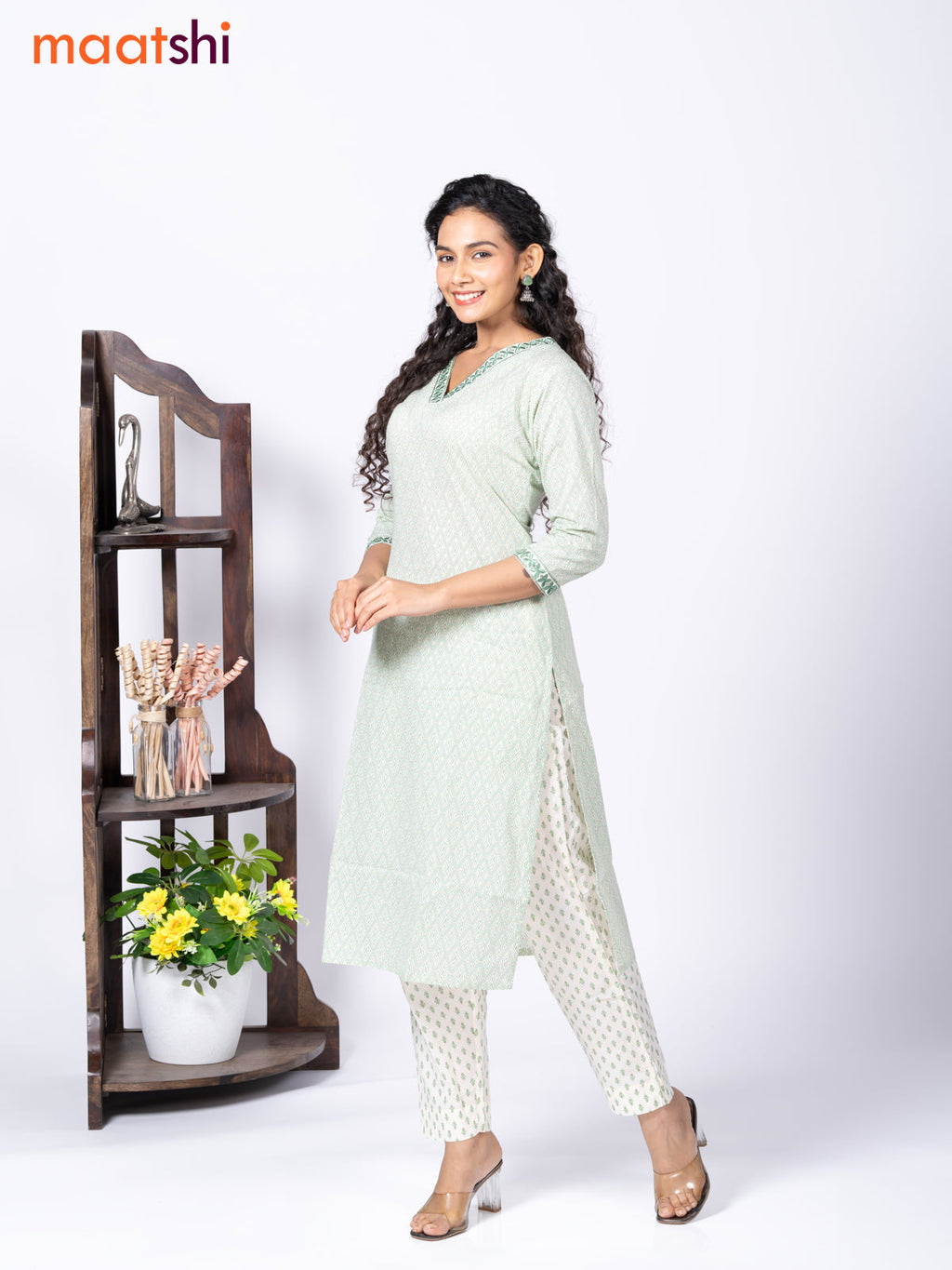 Cotton readymade kurti set cream and green with allover geometric prints & embroidery work v neck pattern and straight cut pant
