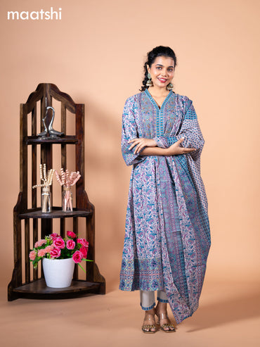 Cotton readymade anarkali salwar suit grey and pastel blue with allover floral prints & zardosi beaded work v neck pattern and straight cut pant & cotton dupatta