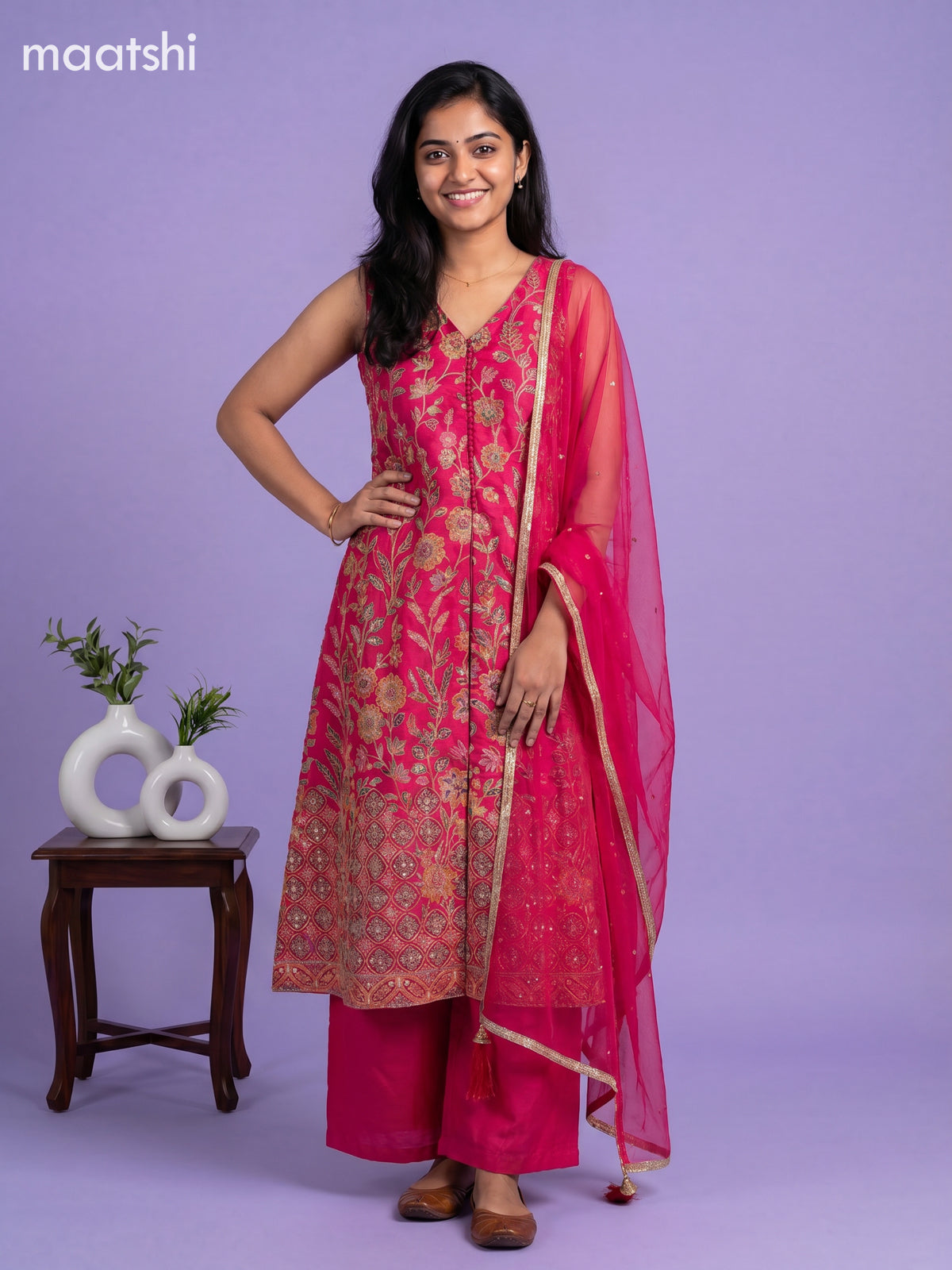 Pink Art Tussar Embroidery Work Anarkali Suit